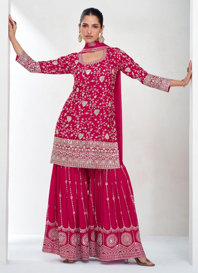 Chinnon Silk Hot Pink Wedding Wear Embroidery Work Readymade Plazzo Suit